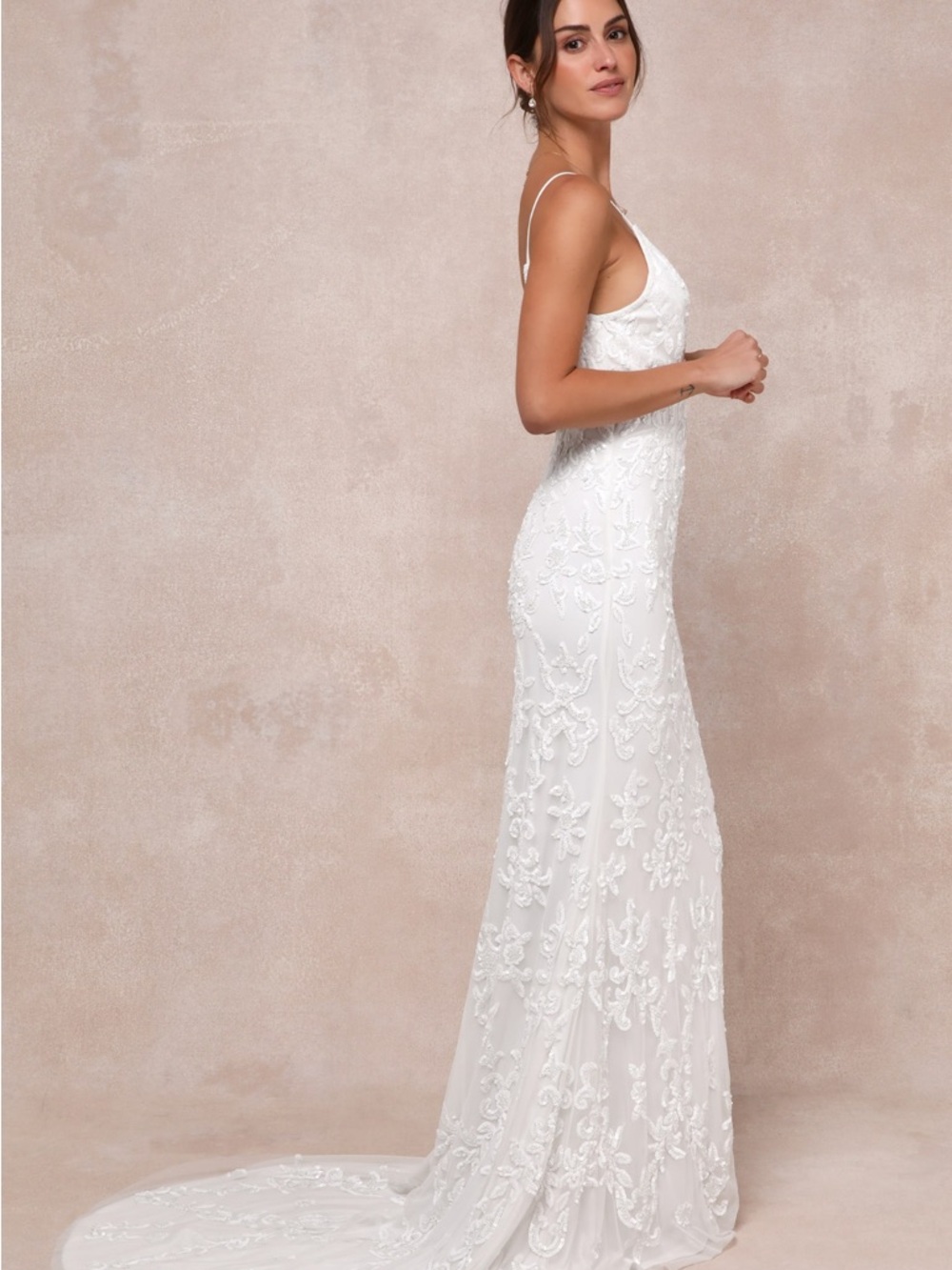 NWT Everlasting Passion White Sequin Beaded Backless Maxi Wedding Dress Bride - Picture 3 of 10